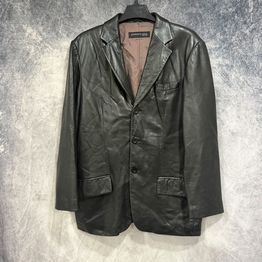 Vintage Kenneth Cole New York Men's Black Leather Blazer Jacket M 3 Button